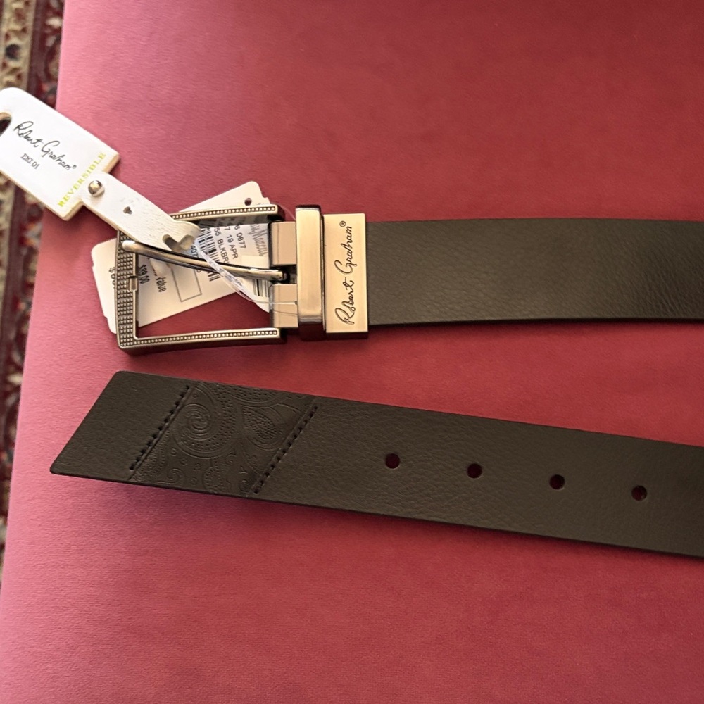 Robert Graham Black Leather Belt with Signature Brushed Silver Buckle